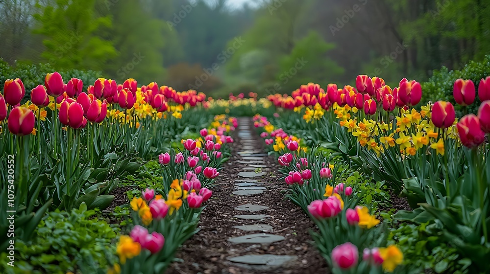 A stone path lined with vibrant pink and yellow tulips and daffodils in a lush garden. A stone path lined with vibrant pink and yellow tulips and daffodils in a lush garden.