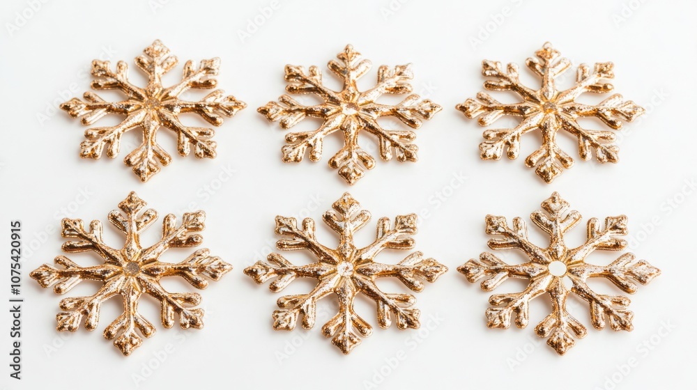 A row of six snowflakes with a gold finish A row of six snowflakes with a gold finish