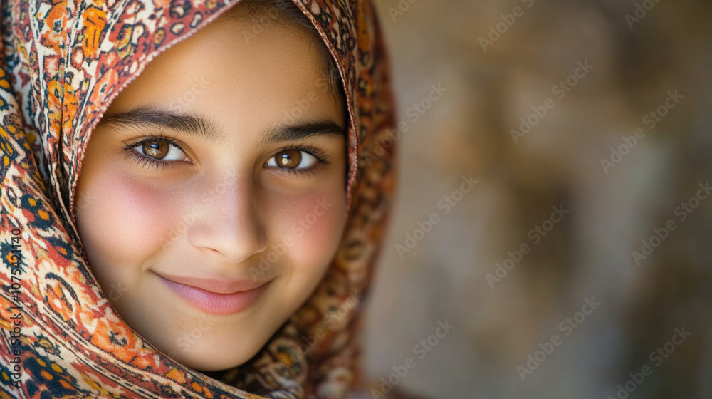 Close-up of an Arab girl with a gentle smile, wearing a beautifully patterned hijab in warm colors, traditional jewelry visible. Close-up of an Arab girl with a gentle smile, wearing a beautifully patterned hijab in warm colors, traditional jewelry visible.