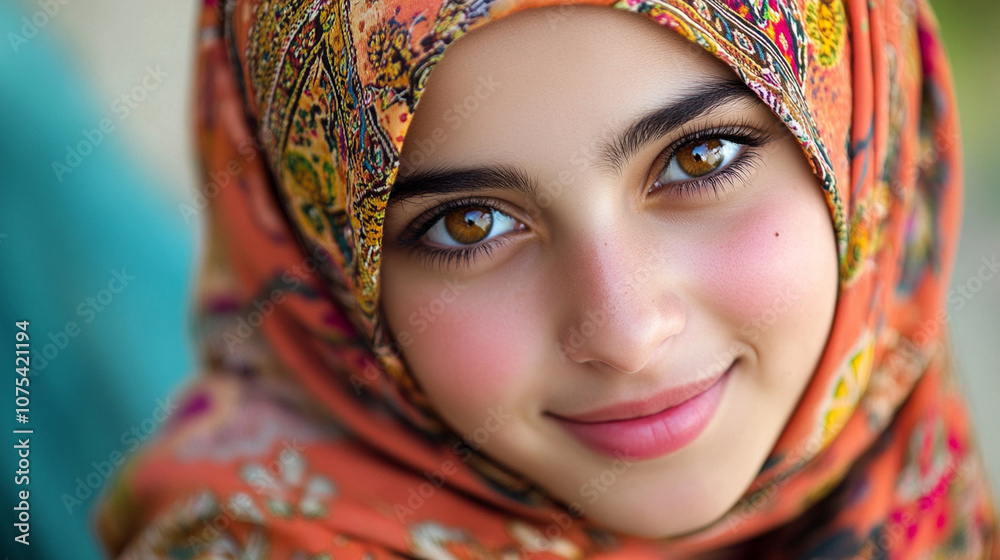 Close-up of an Arab girl with a gentle smile, wearing a beautifully patterned hijab in warm colors, traditional jewelry visible. Close-up of an Arab girl with a gentle smile, wearing a beautifully patterned hijab in warm colors, traditional jewelry visible.