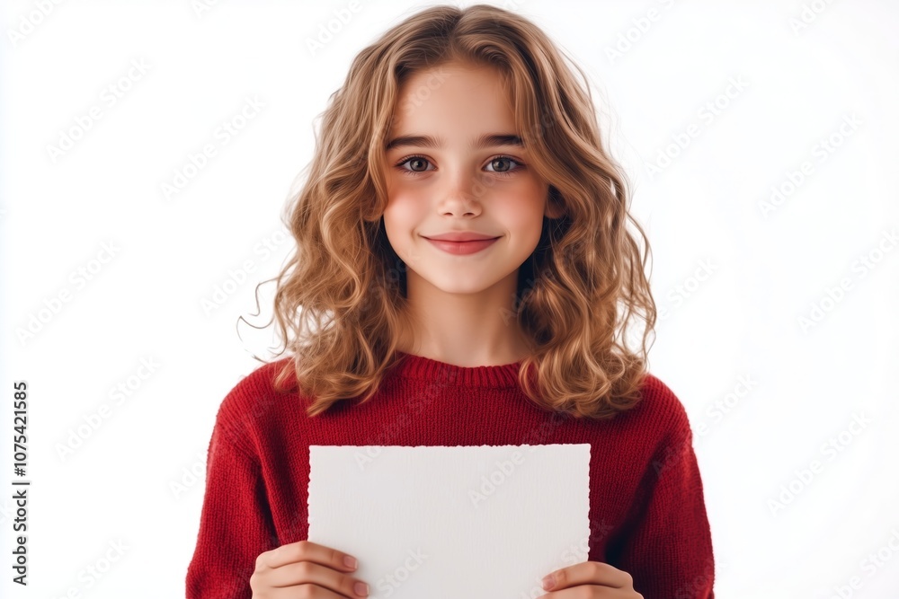 A girl holding empty paper, smiling with pride. Isolated on a white background A girl holding empty paper, smiling with pride. Isolated on a white background