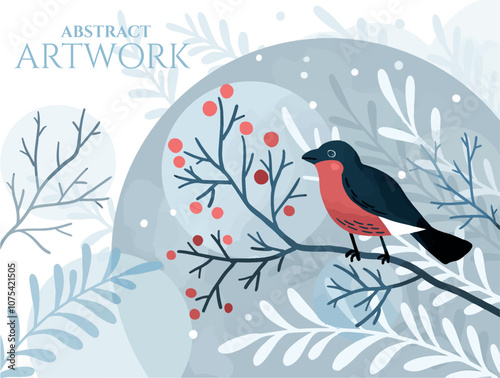 cozy stylized vintage christmas card with a bird and floral elements and watercolor texture