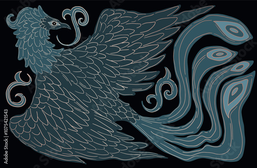 abstract illustration of mythological bird phoenix in medieval style, fantasy, mythology
