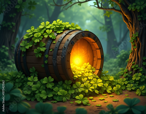 Mystical wooden barrel overflowing with shamrocks and glowing light in a forest
 photo