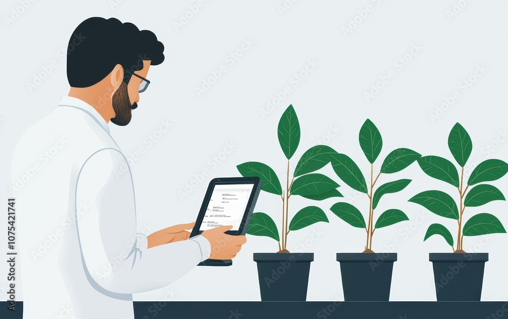 A scientist in a high-tech greenhouse monitoring plants with digital devices A scientist in a high-tech greenhouse monitoring plants with digital devices