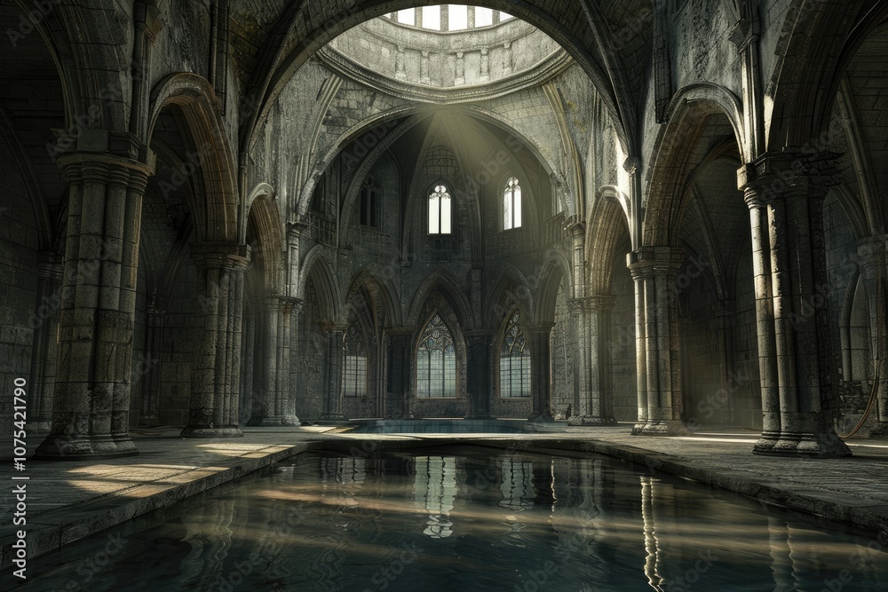 Fototapeta premium Weathered Abandoned gothic castle church. Ruin scary. Generate Ai