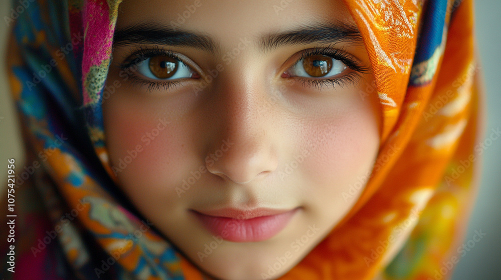 Close shot of an Arab girl with an artistic hijab design, vibrant colors framing her face, looking straight into the camera. Close shot of an Arab girl with an artistic hijab design, vibrant colors framing her face, looking straight into the camera.