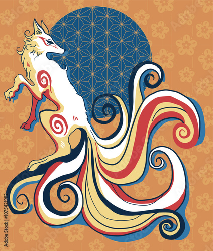 vector abstract illustration of fantasy creature nine tailed fox, folklore, mythology, fantasy art	