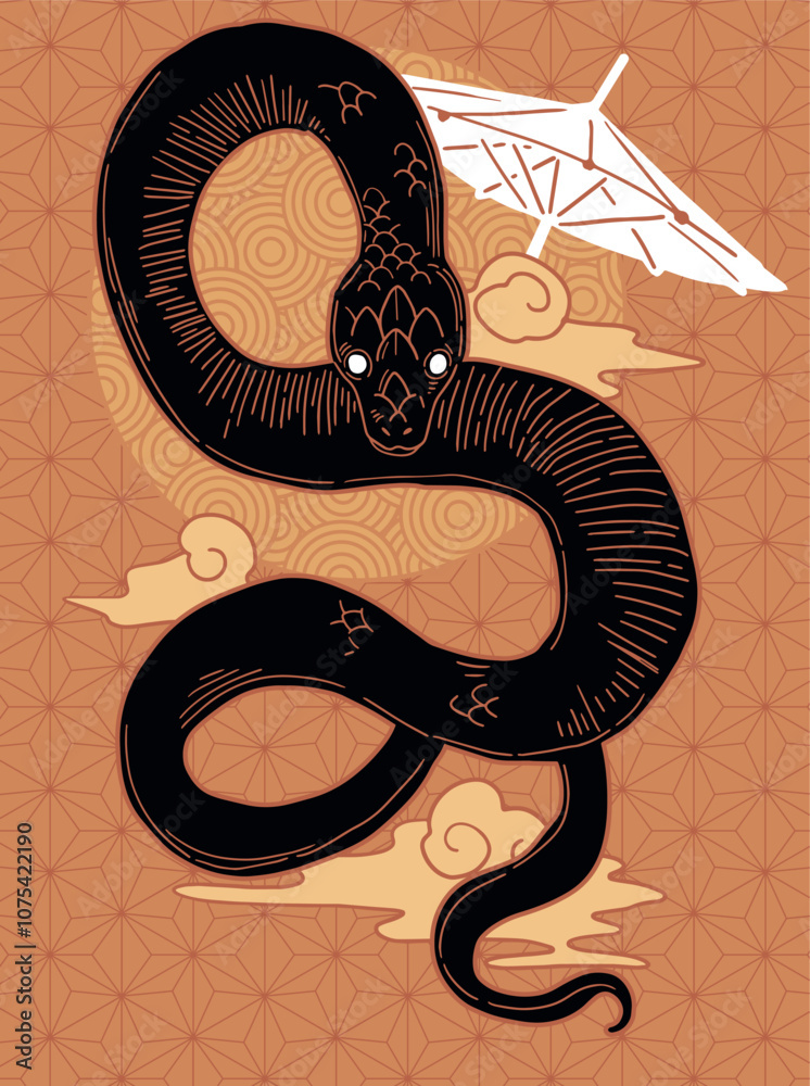 Obraz premium hand drawn japanese vector snake in black, red and gold colours, tattoo design. japanese style patterns 