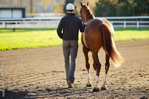 Trainer leading horse on training track