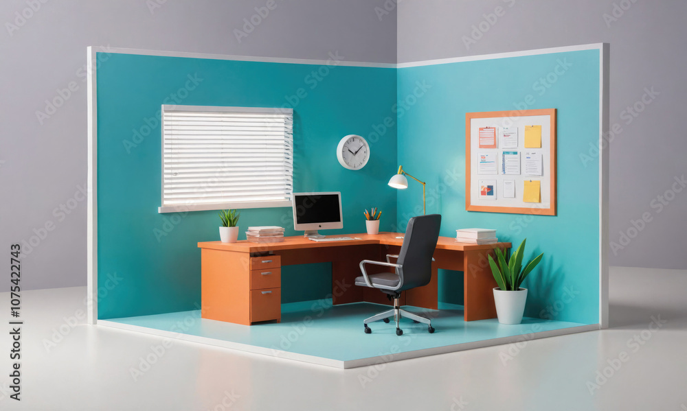 Fototapeta premium A small office with a blue wall, a desk, a chair, a computer, a plant, and a clock