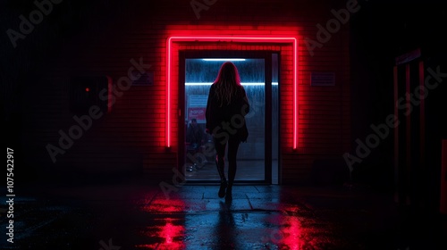 Woman walks through neon lit doorway