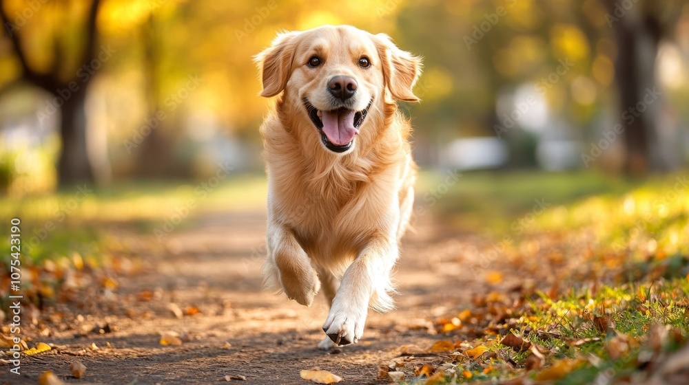 Golden Retriever Running Through Autumn Leaves Golden Retriever Running Through Autumn Leaves