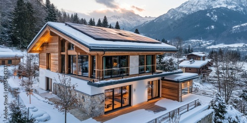 Alpine modern cottage, integrated photovoltaic roof system, contemporary chalet design, sunrise alpenglow, professional property photography, mountain backdrop, sustainable luxury living photo