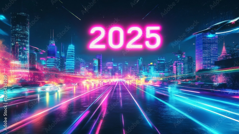 Obraz premium Futuristic city skyline illuminated with vibrant neon lights, featuring sleek vehicles and a bright '2025' in the center, symbolizing advanced technology and innovation