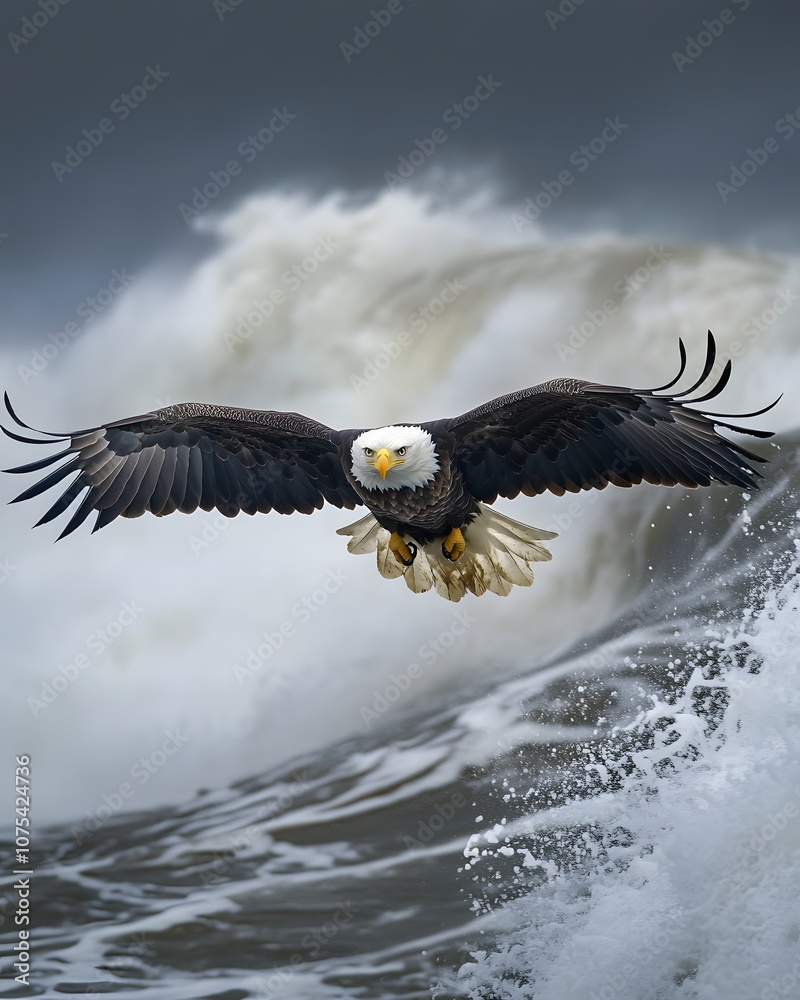 Bald eagle in flight over crashing waves Bald eagle in flight over crashing waves