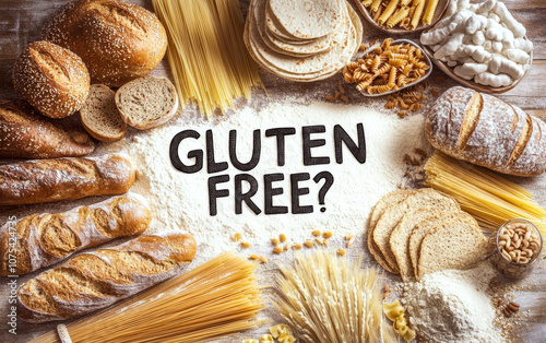 Various breads, pasta, and flour surround the words 