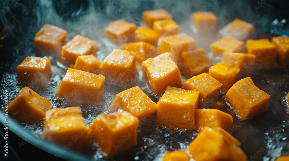 Steaming Cubes of Butternut Squash Cooking in a Pot Steaming Cubes of Butternut Squash Cooking in a Pot