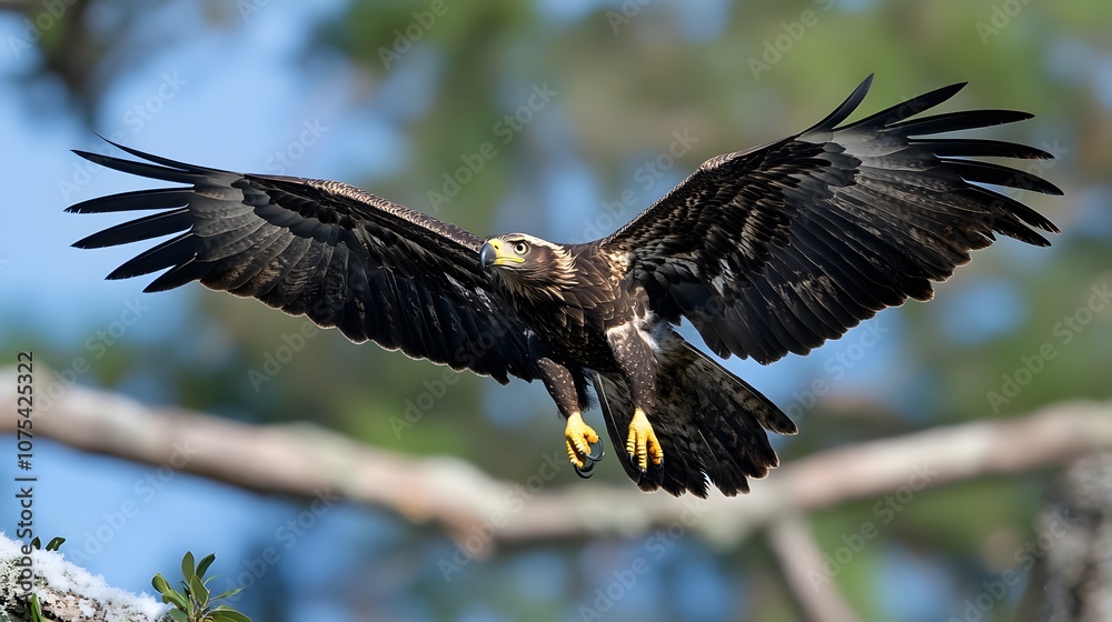 Obraz premium A young bald eagle in flight with its wings spread wide.