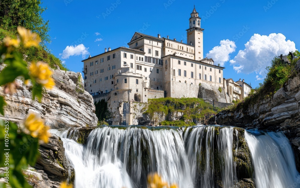 Fototapeta premium A castle built into the side of a mountain, with waterfalls cascading around its walls