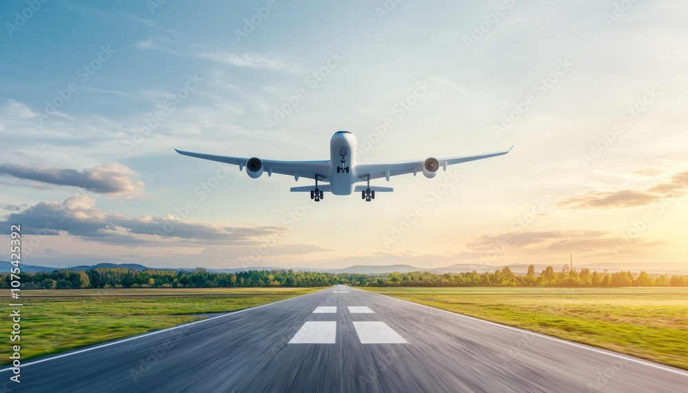 A concept electric aircraft taking off from a clean energy-powered airport runway A concept electric aircraft taking off from a clean energy-powered airport runway