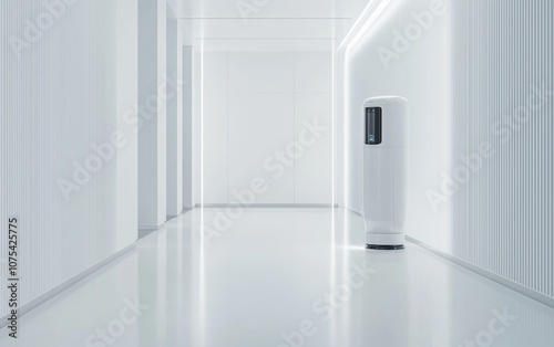 A futuristic hospital with advanced robotic medics attending to patients in a sleek, sterile environment photo