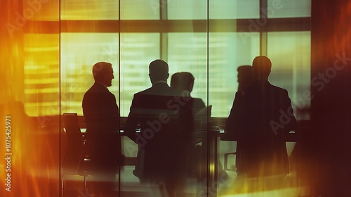 Business team meeting through reflective glass, natural light