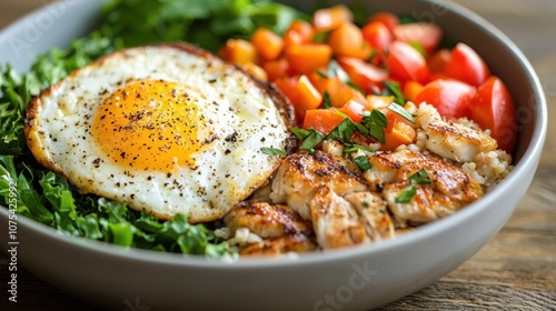 Delicious healthy bowl featuring greens, grilled chicken, tomatoes, and a perfectly cooked egg on top. photo