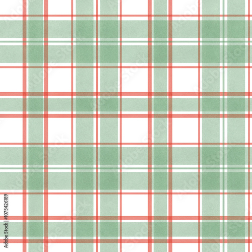 Watercolor plaid ornate with narrow red and wide green vertical and horizontal stripes seamless checkered pattern isolated on white. Hand painted brush stroke illustration. For holiday textiles