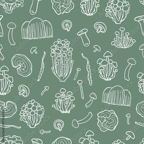 Fungus seamless pattern on green background. Illustration of Shimeji, erinji, shitaki, cordyceps, turkey tail and lions mane. Hand drawn medicinal mushrooms.