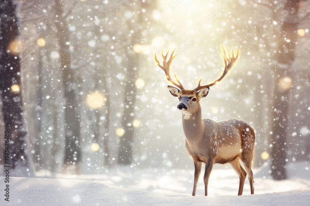 A mystical deer with glowing antlers standing peacefully in a snow-covered forest A mystical deer with glowing antlers standing peacefully in a snow-covered forest