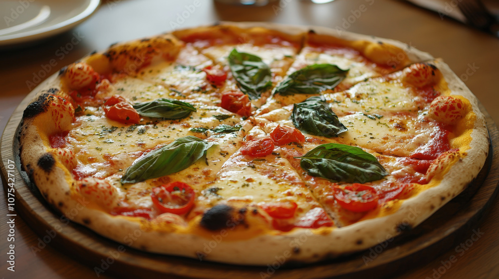 A delicious Margherita pizza featuring melted cheese, fresh basil, and ripe cherry tomatoes presented on a rustic wooden board A delicious Margherita pizza featuring melted cheese, fresh basil, and ripe cherry tomatoes presented on a rustic wooden board