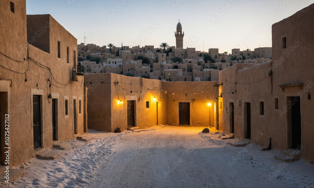 A quiet street in a small town, bathed in the soft glow of evening light, with a distant minaret peeking over the rooftops A quiet street in a small town, bathed in the soft glow of evening light, with a distant minaret peeking over the rooftops