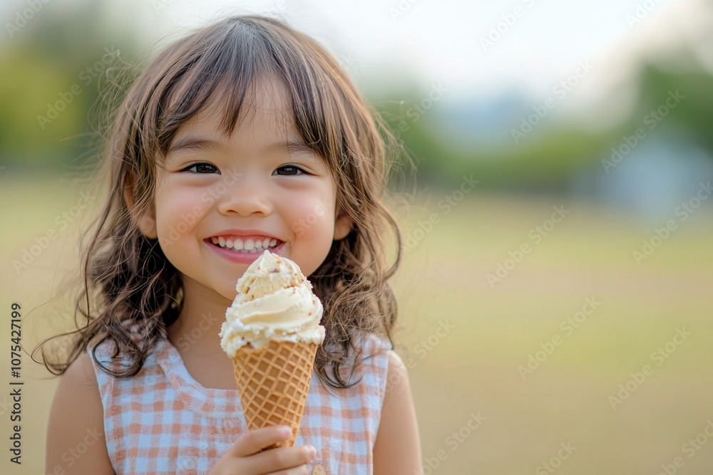 Smiling Girl Enjoys Ice Cream Cone Outdoor Smiling Girl Enjoys Ice Cream Cone Outdoor