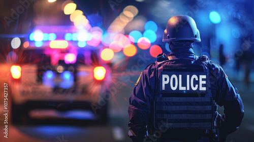 back view of police with full armor emergency situation protection security car and warning light at night
