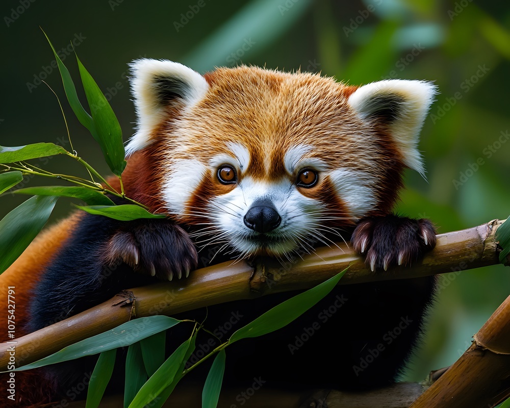 Fototapeta premium A red panda rests on a bamboo branch.