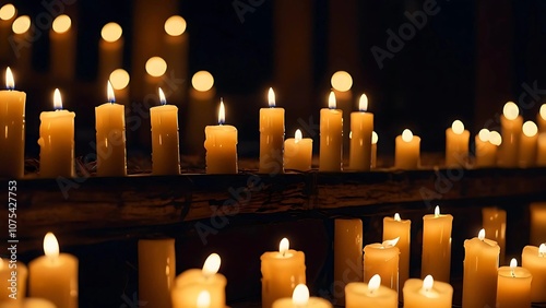 A festive backdrop featuring a glowing candle and soft bokeh lights.