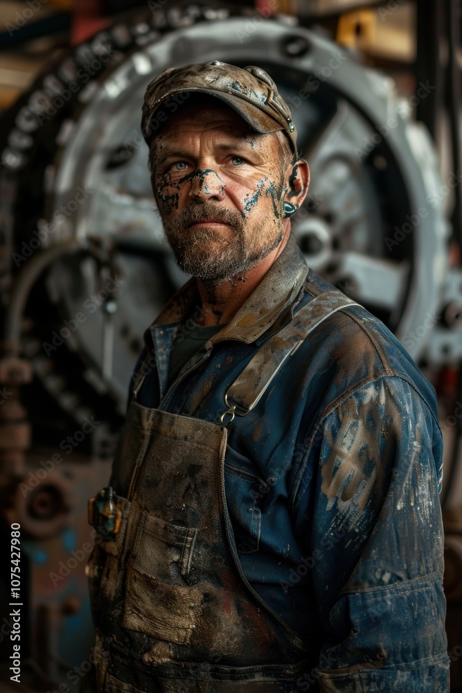 Rugged Industrial Mechanic in Grease-Stained Overalls with Heavy Machinery Background
