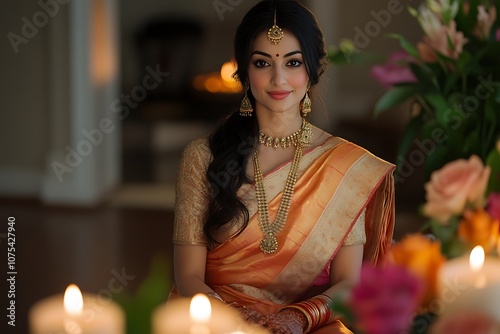 Elegant Woman in Gold Sari with Candlelight and Flowers1 photo