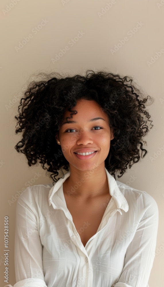 Warm Smiling Portrait of Young Woman with Curly Hair on Beige Background for Lifestyle Design Warm Smiling Portrait of Young Woman with Curly Hair on Beige Background for Lifestyle Design