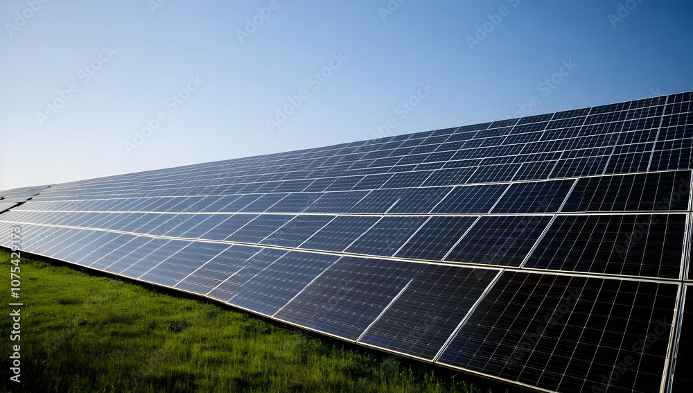 A solar panel installation on a grassy field under a clear blue sky. A solar panel installation on a grassy field under a clear blue sky.