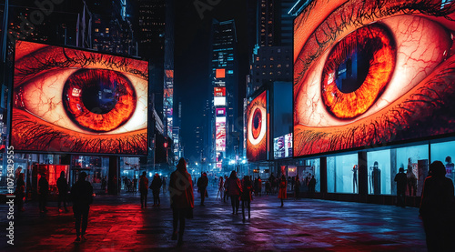 A large, red eye is displayed on a digital billboard in Times Square at night, with people walking by