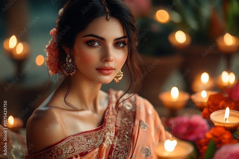 Elegant Woman in Orange Sari with Candlelight Glow Elegant Woman in Orange Sari with Candlelight Glow