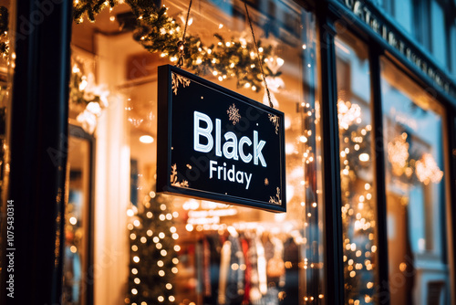 Black Friday sign hangs in a store window adorned with festive lights. Concept focuses on holiday shopping excitement. For holiday sale promotions