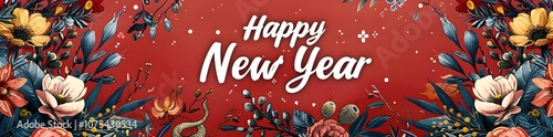 Chinese-Inspired Lunar New Year Poster with Elegant Snake and Tree Branch Design - Happy New Year - Generative AI