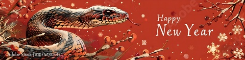 Chinese-Inspired Lunar New Year Poster with Elegant Snake and Tree Branch Design - Happy New Year - Generative AI