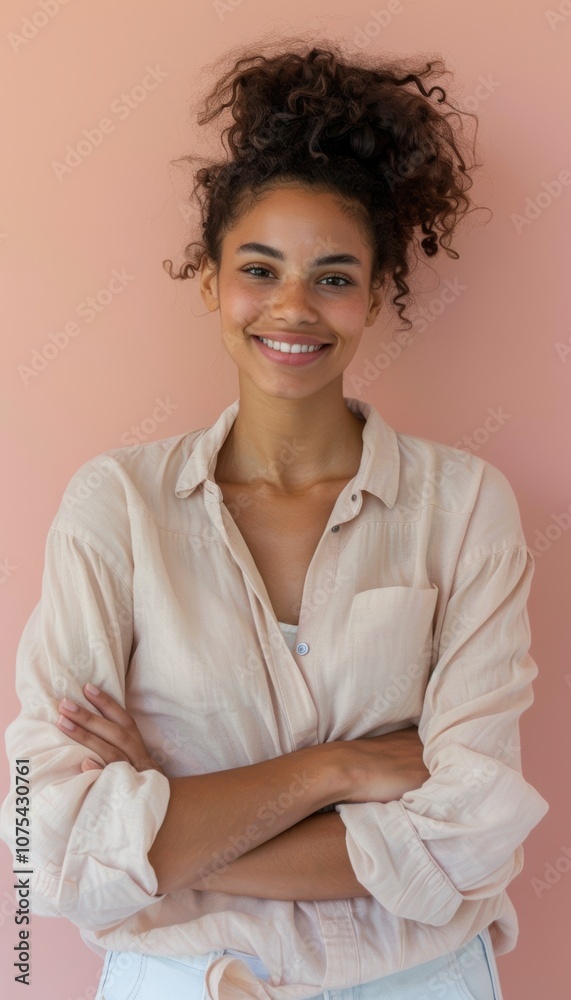 Confident Young Female Entrepreneur in Casual Blouse Against Pastel Background