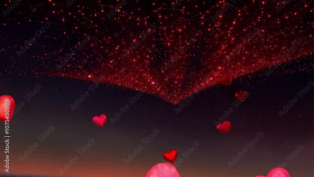 Corazones rojos volando en el cielo nocturno