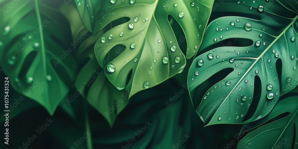Stunning ultra-realistic image of a green leaf with water droplets glistening on its surface. The background is an abstract blur of vibrant green shades, symbolizing sustainability and natural beauty. Stunning ultra-realistic image of a green leaf with water droplets glistening on its surface. The background is an abstract blur of vibrant green shades, symbolizing sustainability and natural beauty.