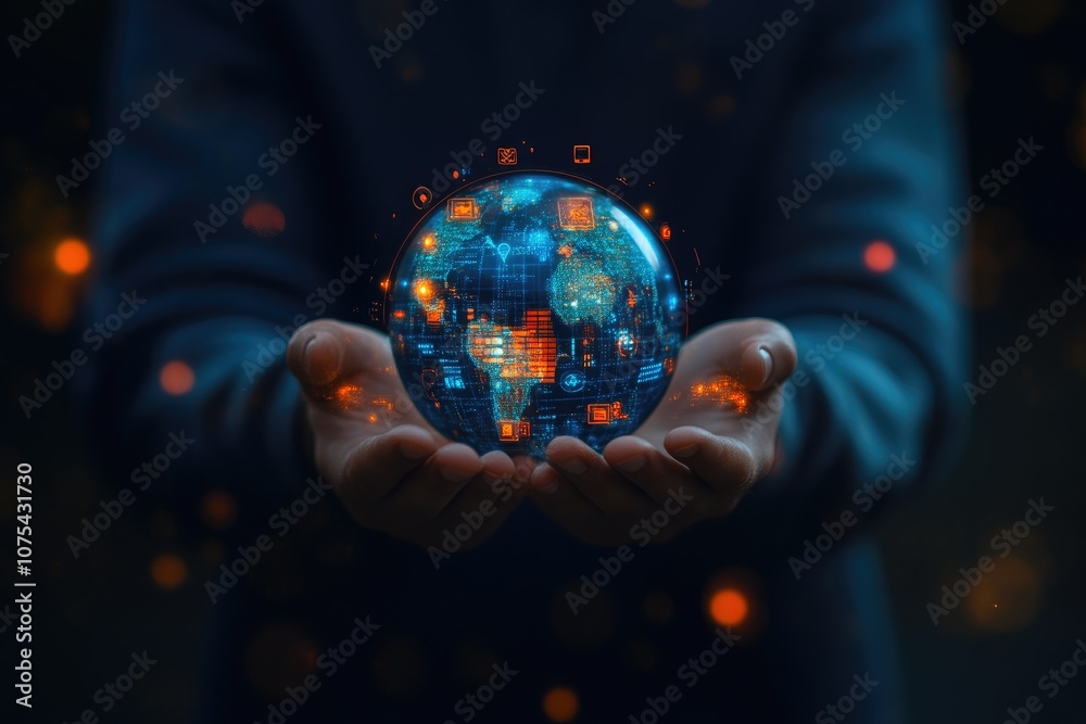 Fototapeta premium Global Digital Network in Businessman's Hands